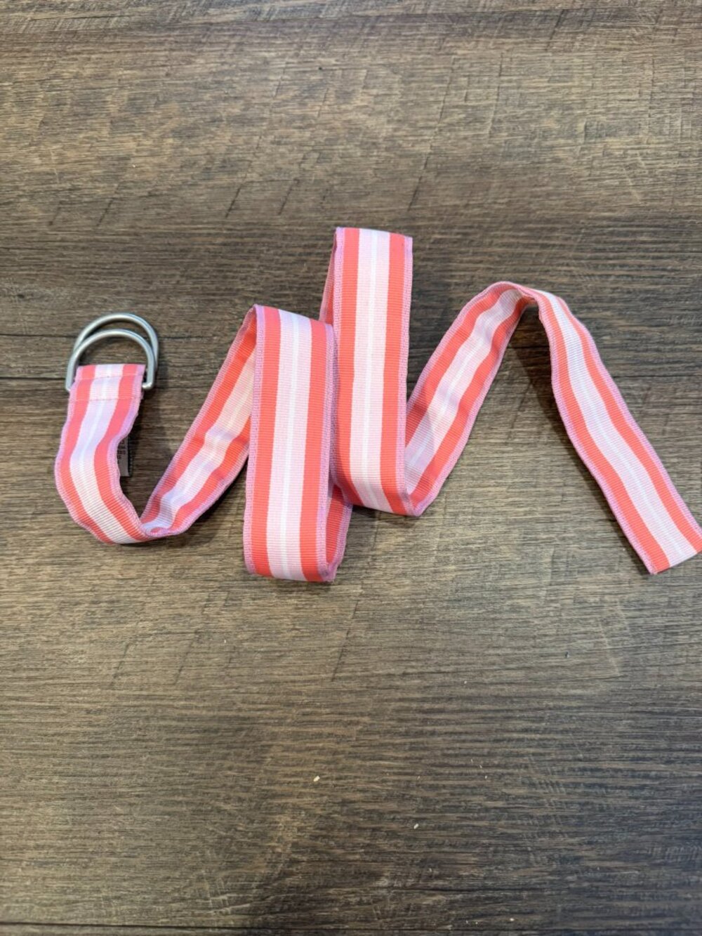 L.L. Bean Pink and White Ribbon Belt with Silver Buckle 1.25" - Women's Small